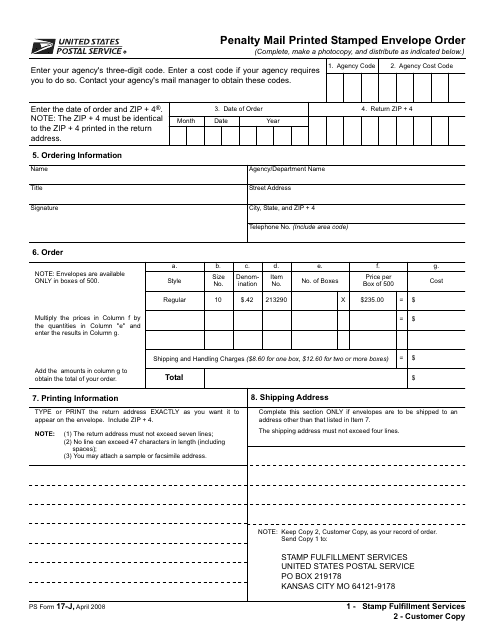 PS Form 17-J Penalty Mail Printed Stamped Envelope Order
