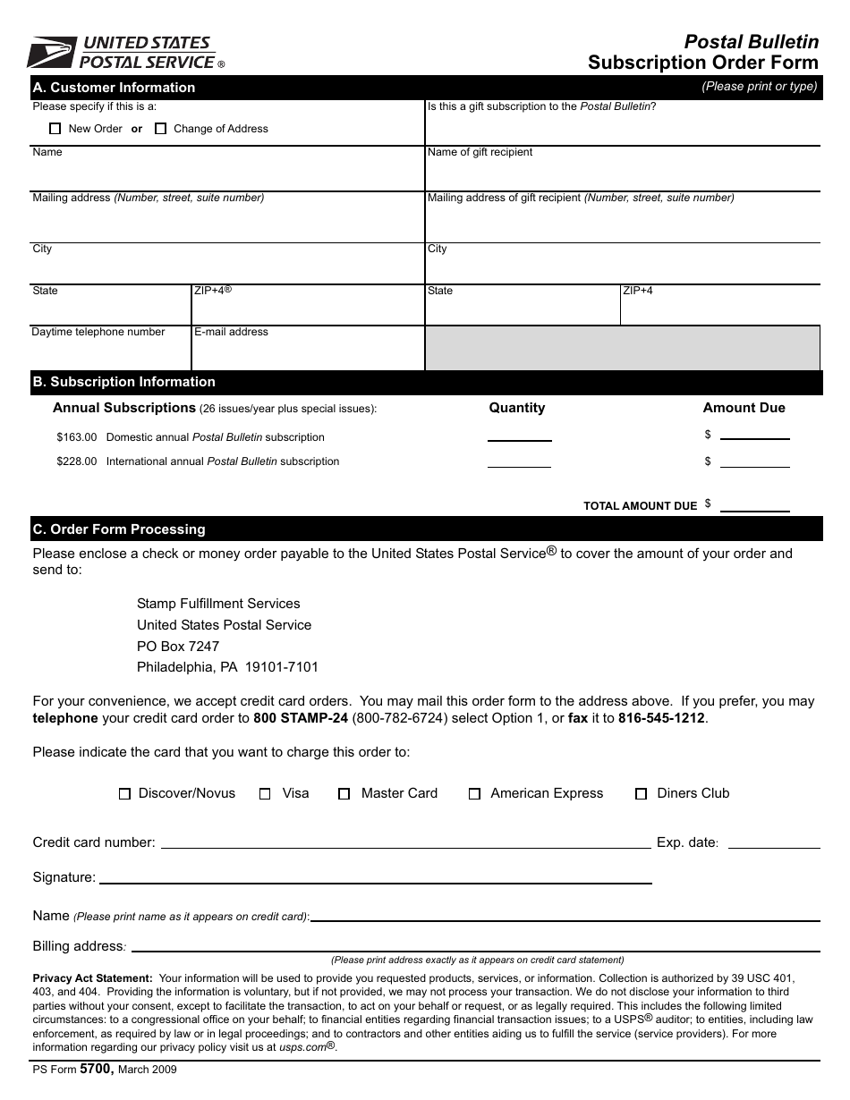 PS Form 5700 Postal Bulletin - Subscription Order Form, Page 1