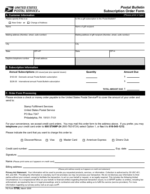 PS Form 5700 Postal Bulletin - Subscription Order Form