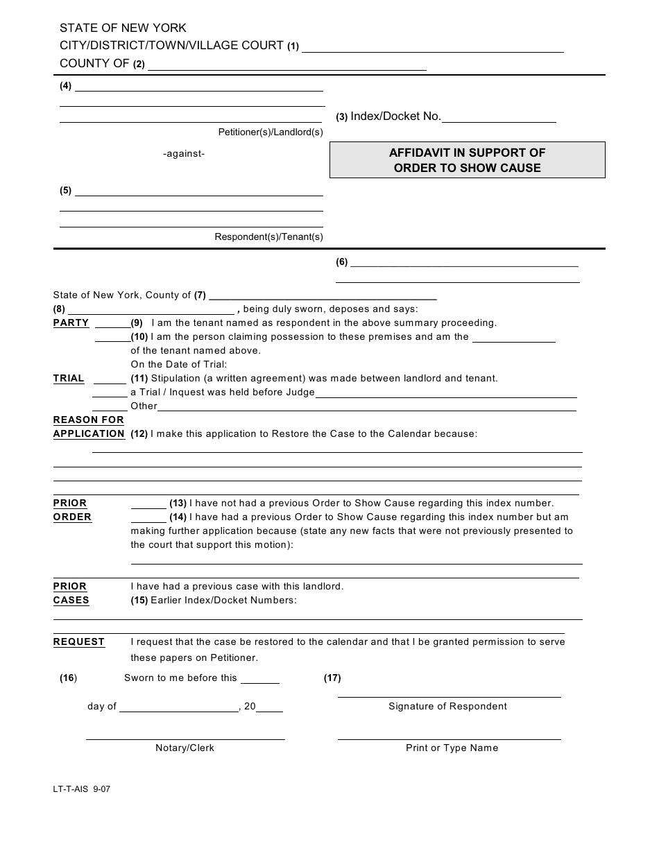 Form LT-T-AIS Affidavit in Support of Order to Show Cause - New York, Page 1