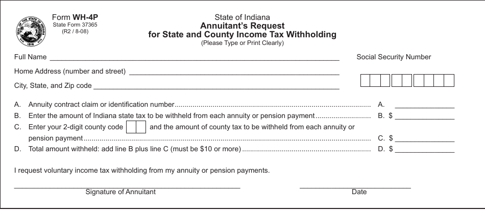 State Form 37365 (WH-4P) Annuitants Request for State and County Income Tax Withholding - Indiana, Page 1