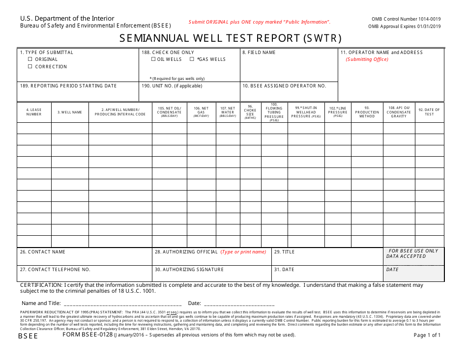 Form BSEE-0128 Semiannual Well Test Report (Swtr), Page 1