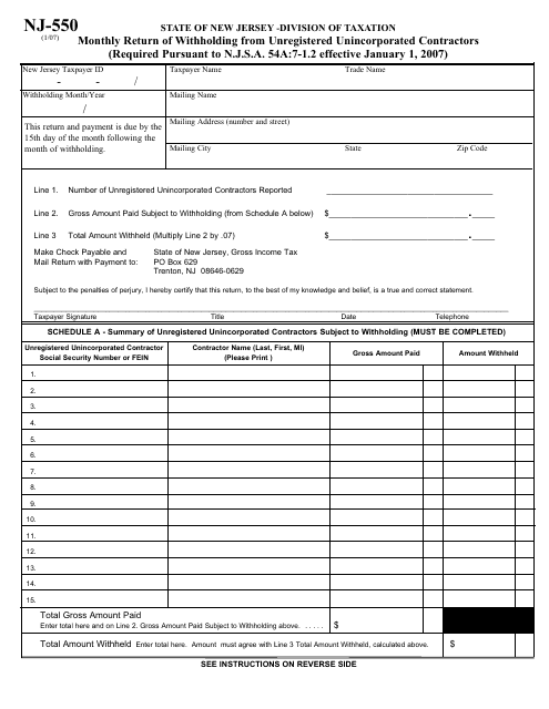 Form NJ-550 Monthly Return of Withholding From Unregistered Unincorporated Contractors - New Jersey