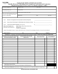 Form NJ-550 Monthly Return of Withholding From Unregistered Unincorporated Contractors - New Jersey