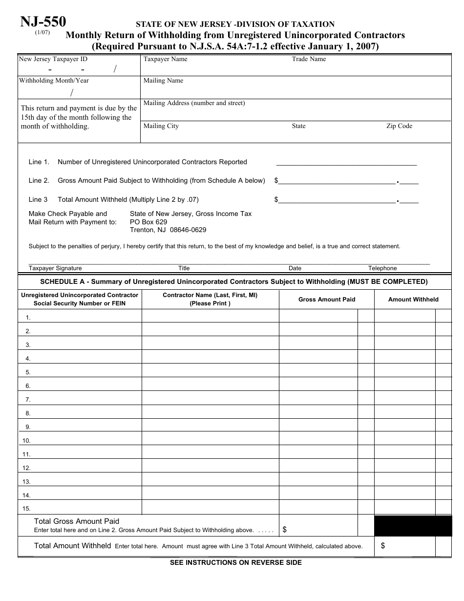 Form NJ-550 Monthly Return of Withholding From Unregistered Unincorporated Contractors - New Jersey, Page 1