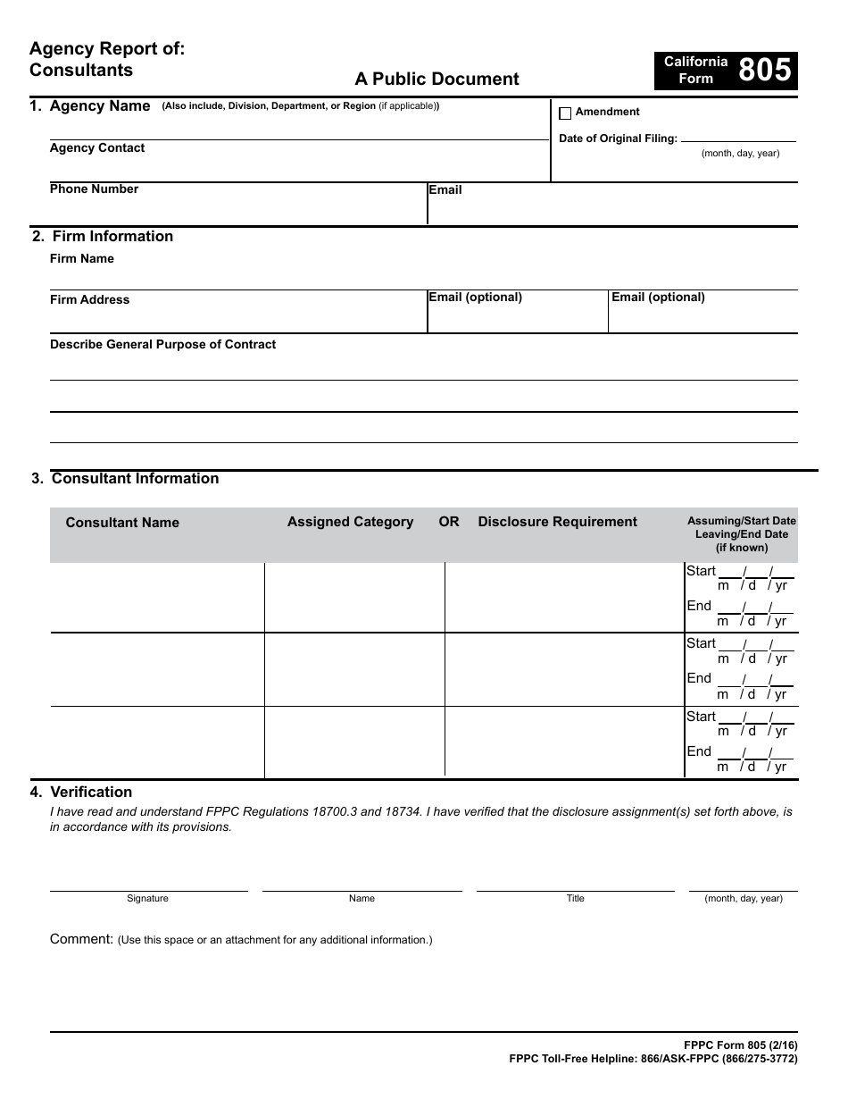 FPPC Form 805 Agency Report of Consultants - California, Page 1