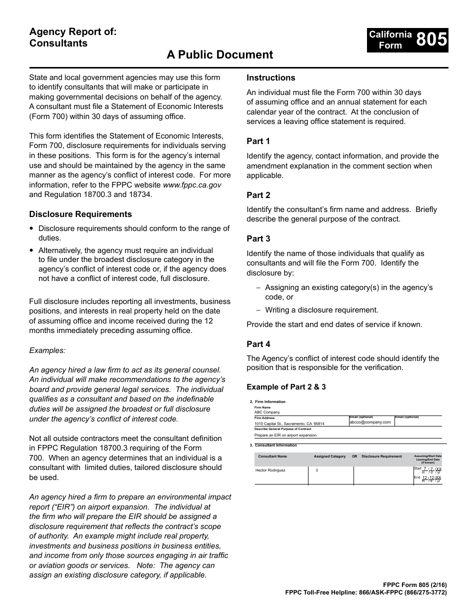 FPPC Form 805 Agency Report of Consultants - California, Page 2