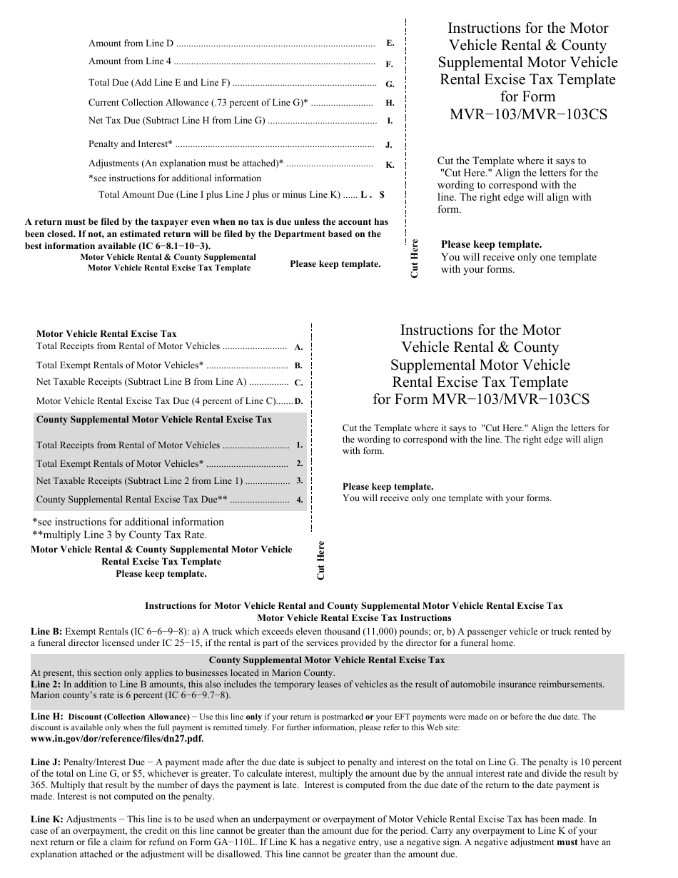 Form MVR-103 Motor Vehicle Rental  County Supplemental Motor Vehicle Rental Excise Tax Template for Form Mvr 103 / Mvr 103cs - Indiana, Page 1
