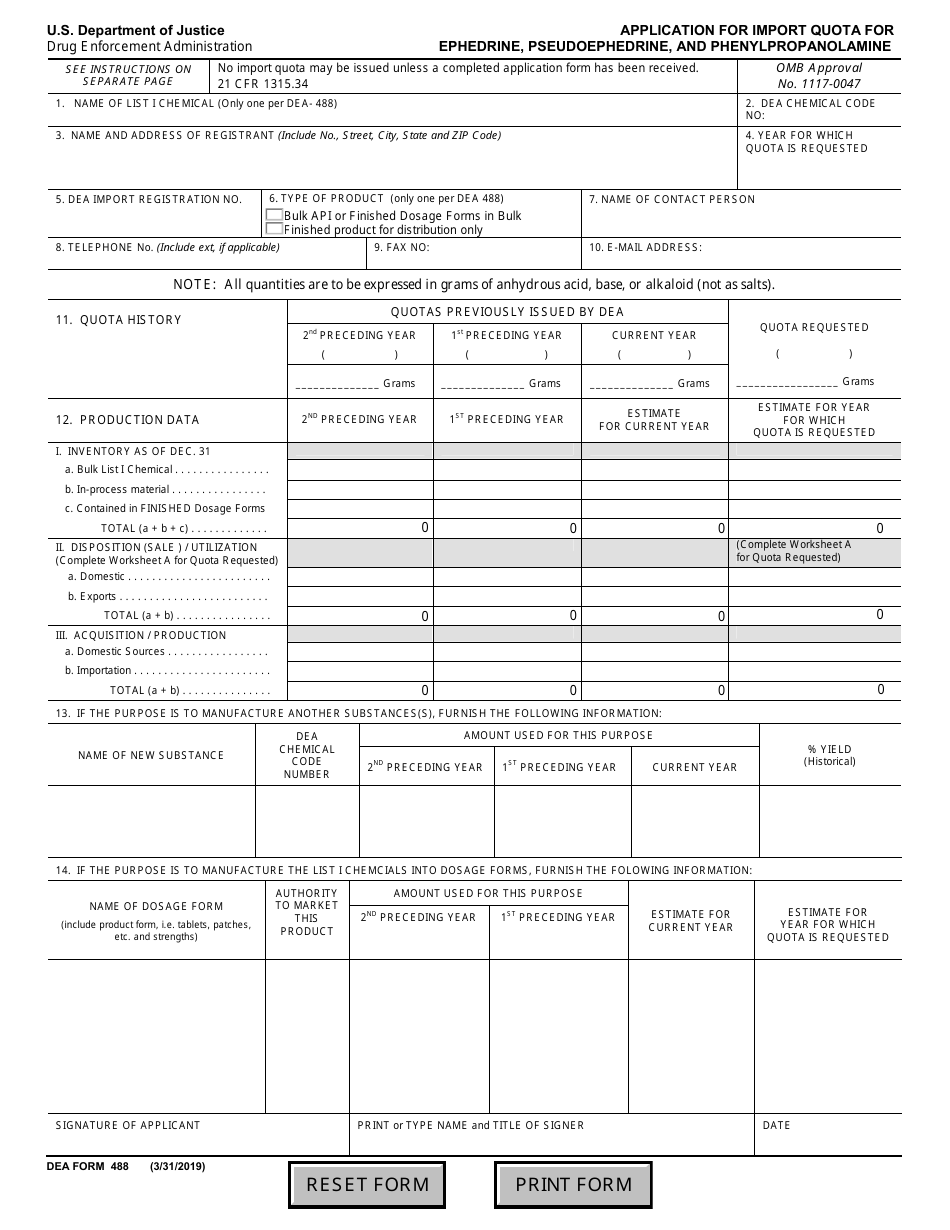 DEA Form 488 Application for Import Quota for Ephedrine, Pseudoephedrine, and Phenylpropanolamine, Page 1