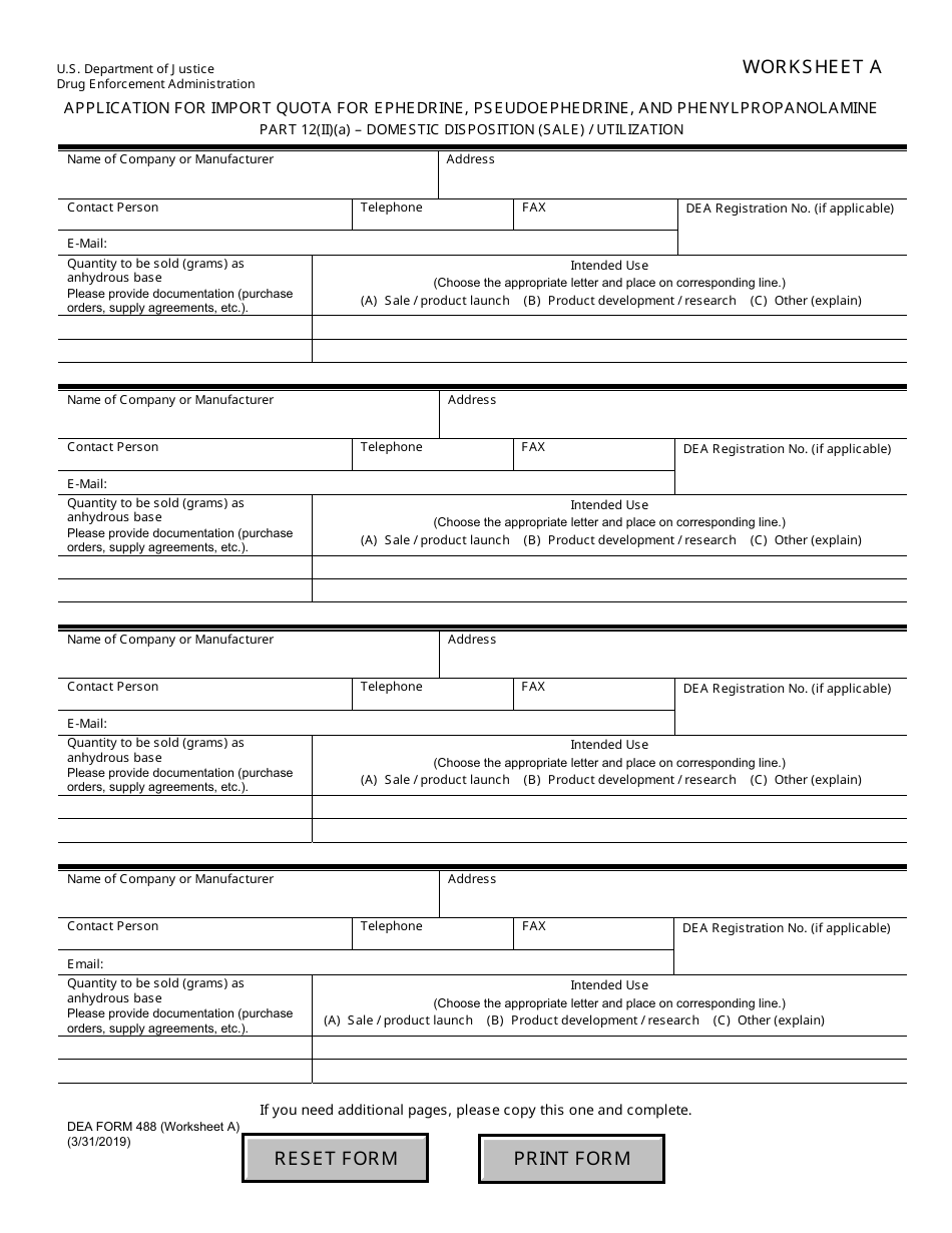 DEA Form 488 Worksheet a - Application for Import Quota for Ephedrine, Pseudoephedrine, and Phenylpropanolamine Part 12(II)(A) - Domestic Disposition (Sale) / Utilization, Page 1