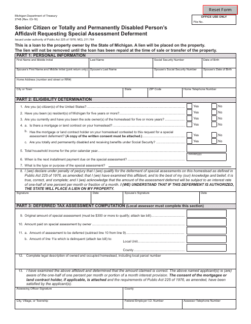 Form 2348 Senior Citizen or Totally and Permanently Disabled Person's Affidavit Requesting Special Assessment Deferment - Michigan