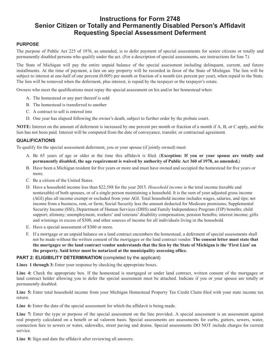 Form 2348 Senior Citizen or Totally and Permanently Disabled Persons Affidavit Requesting Special Assessment Deferment - Michigan, Page 2