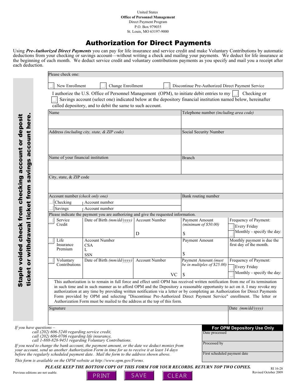OPM Form RI16-28 Authorization for Direct Payments, Page 1