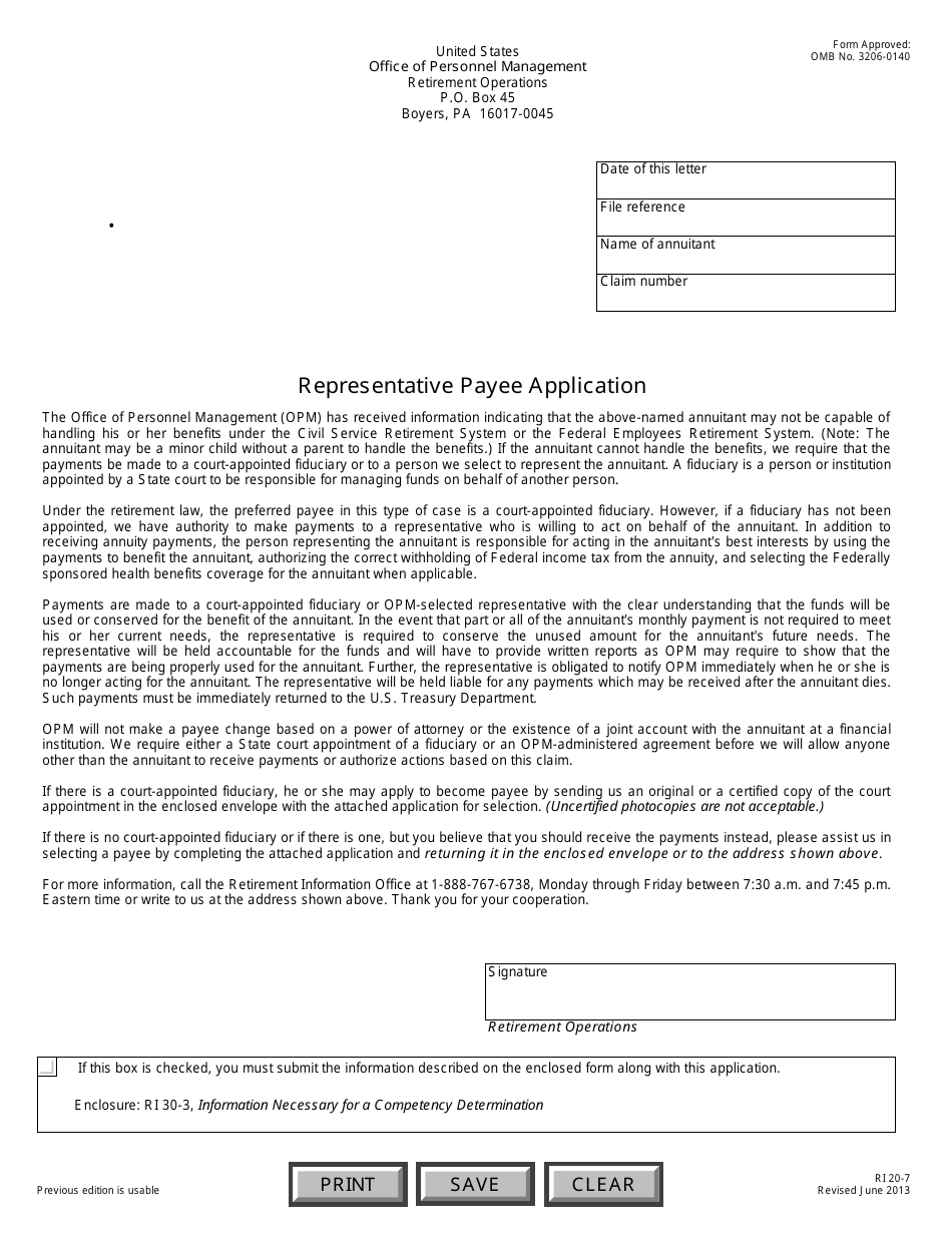 OPM Form RI20-7 Representative Payee Application, Page 1