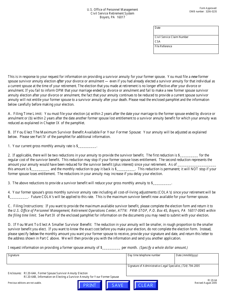OPM Form RI20-64 Letter Reply to Request for Information, Page 1