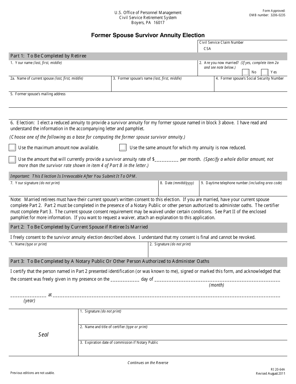 OPM Form RI20-64A Former Spouse Survivor Annuity Election, Page 1