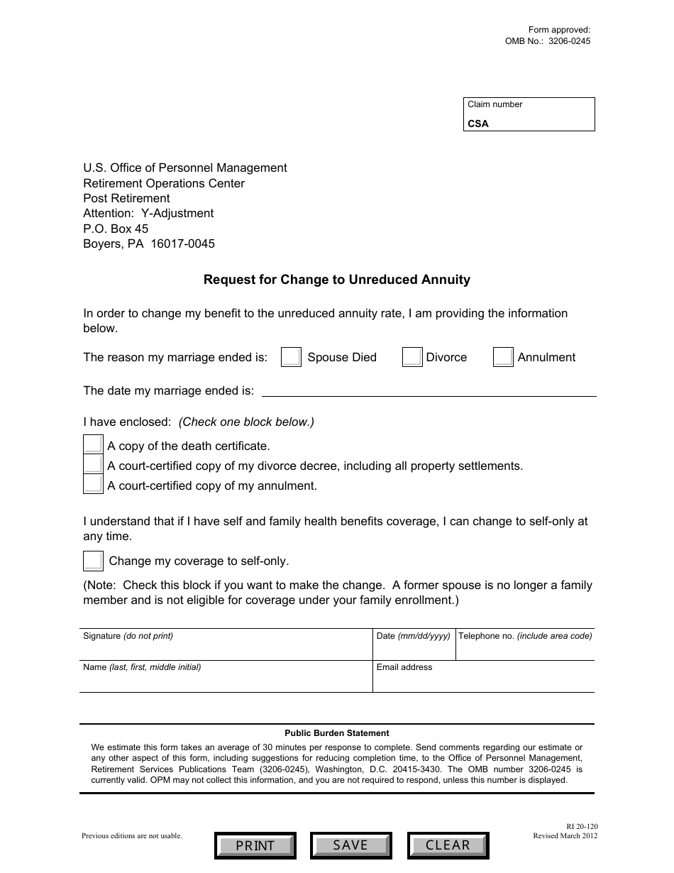 OPM Form RI20120 Fill Out, Sign Online and Download Fillable PDF