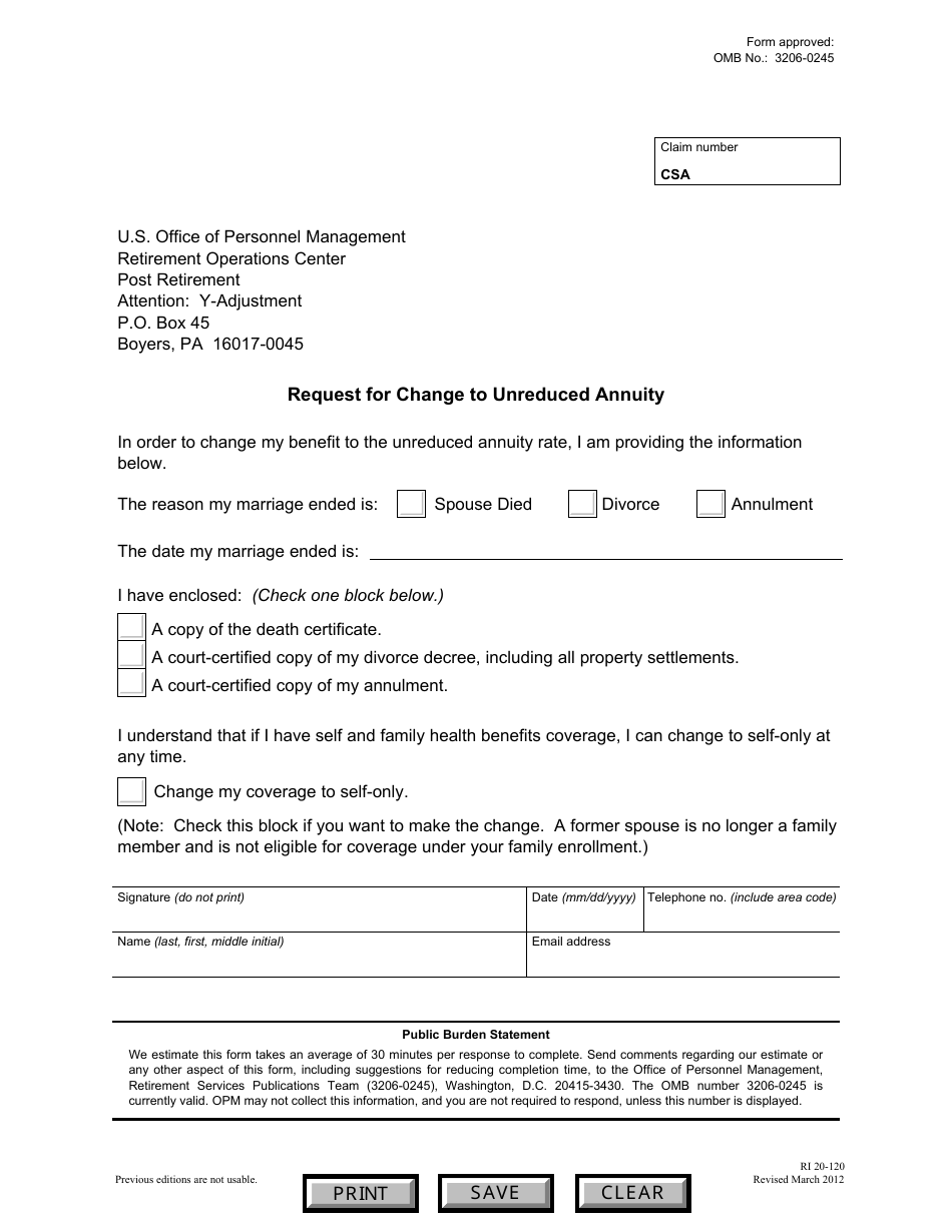 OPM Form RI20-120 Request for Change to Unreduced Annuity, Page 1