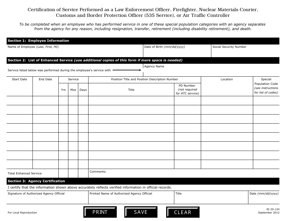 OPM Form RI20-124 Certification of Service Performed as a Law Enforcement Officer, Firefighter, Nuclear Materials Courier, Customs and Border Protection Officer (535 Service), or Air Traffic Controller, Page 1