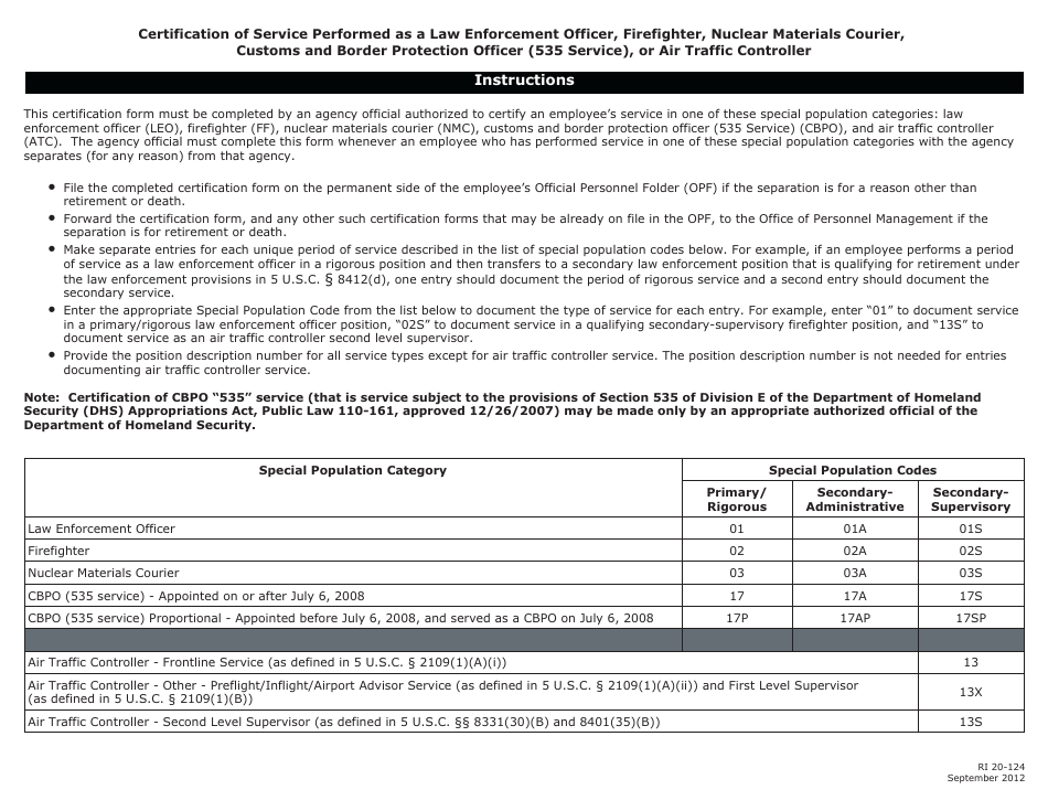 OPM Form RI20-124 Certification of Service Performed as a Law Enforcement Officer, Firefighter, Nuclear Materials Courier, Customs and Border Protection Officer (535 Service), or Air Traffic Controller, Page 2