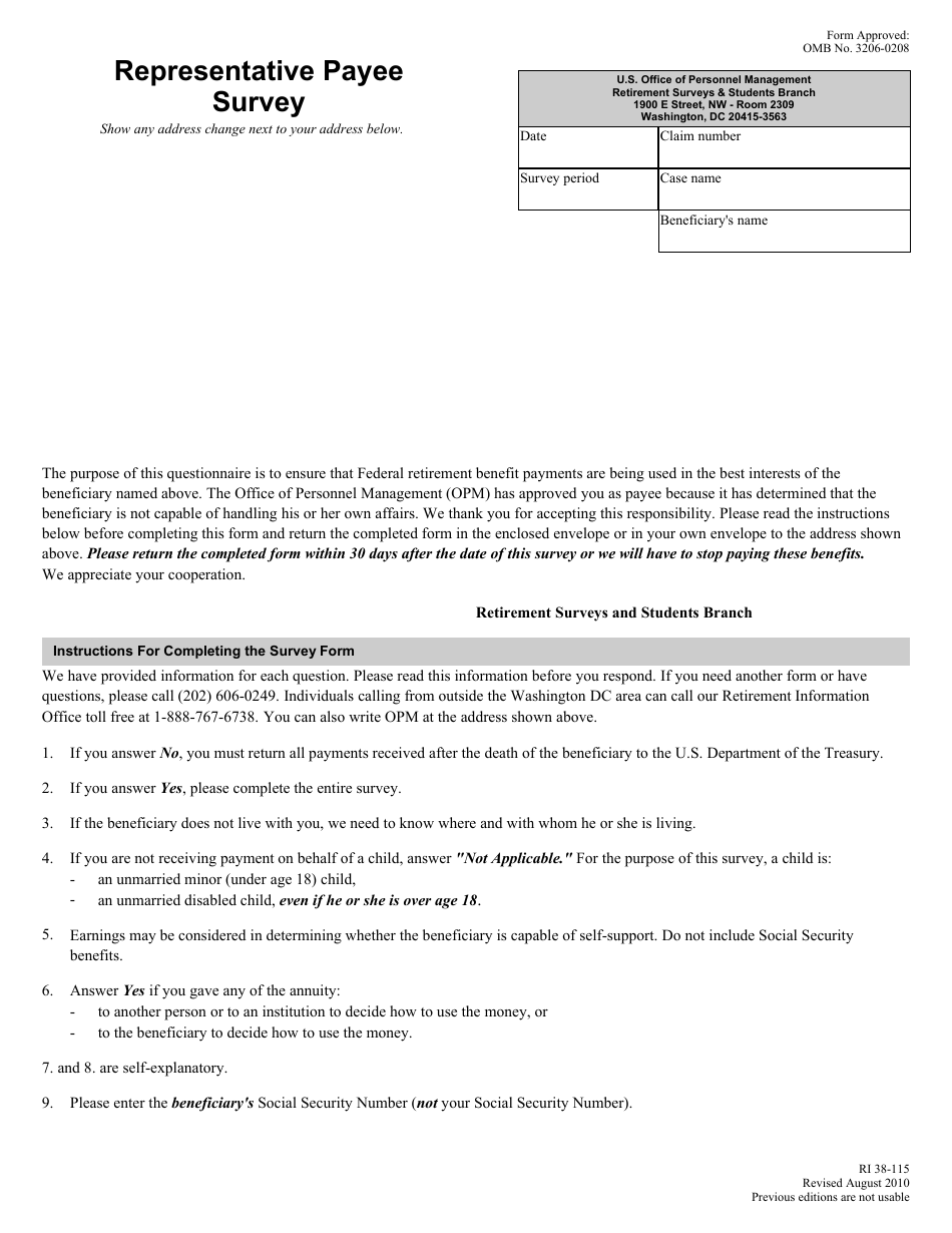 OPM Form RI38-115 Representative Payee Survey, Page 1