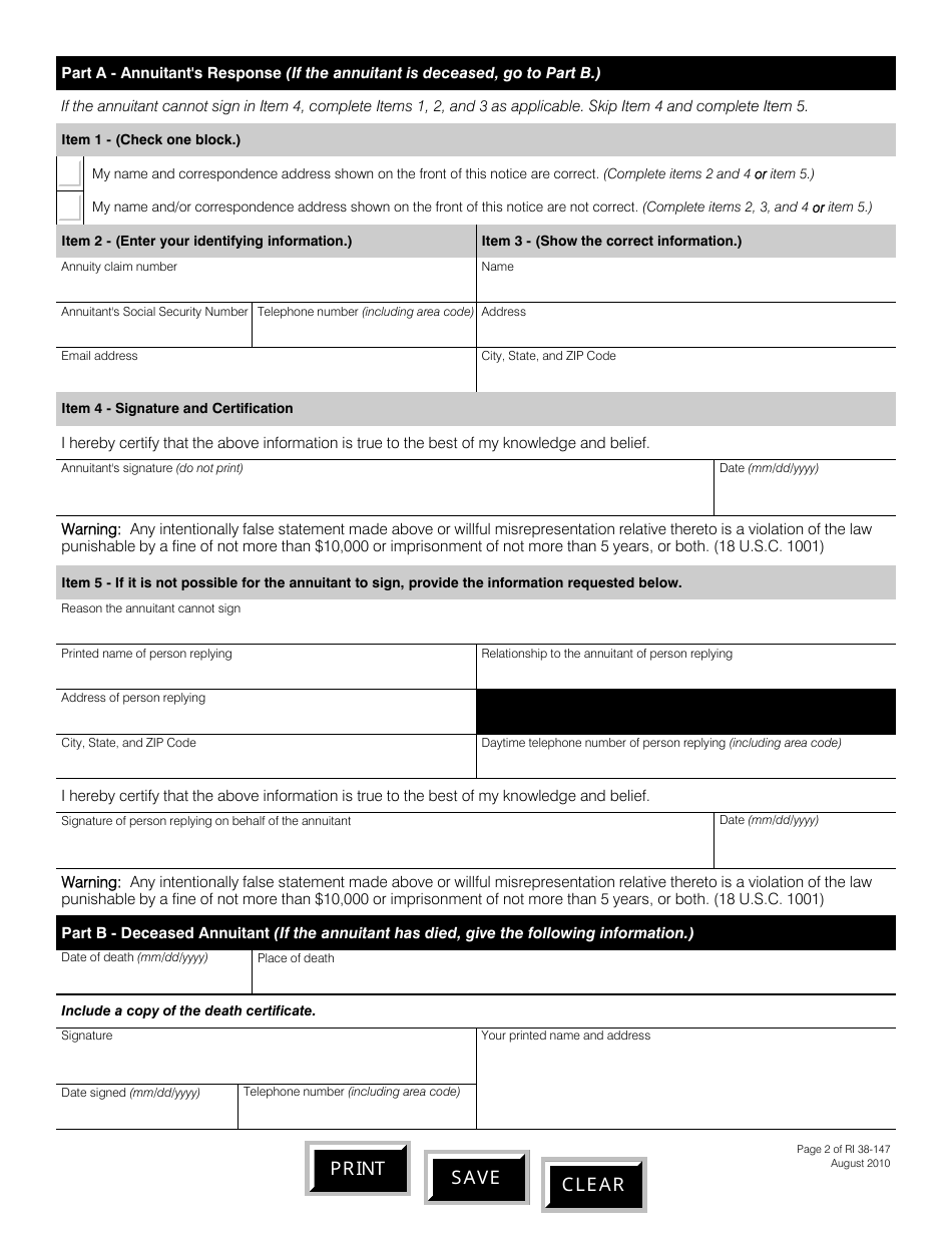 OPM Form RI38-147 Verification of Who Is Getting Payments, Page 2