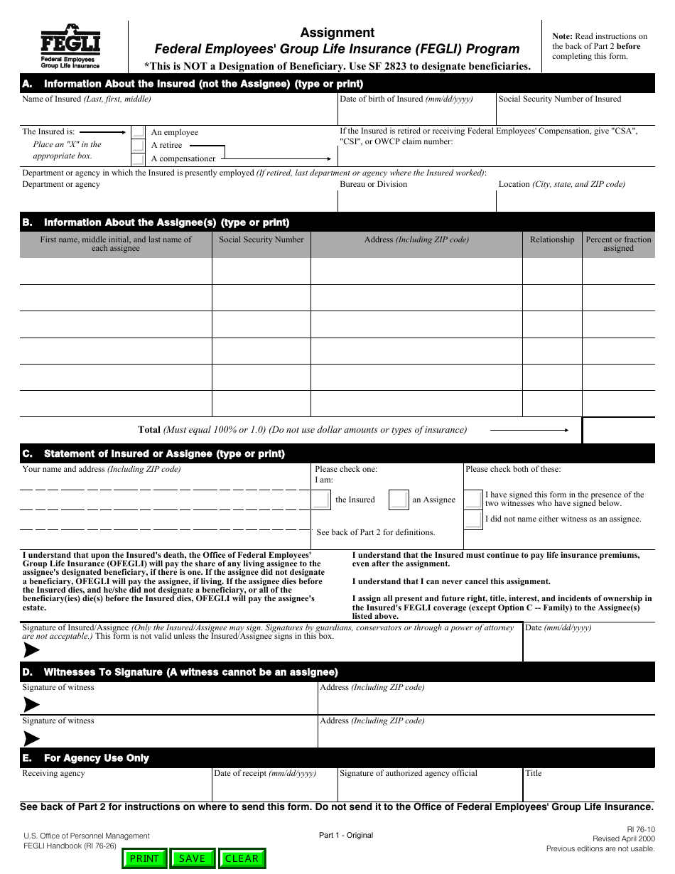 OPM Form RI76-10 Assignment of Federal Employees Group Life Insurance, Page 1