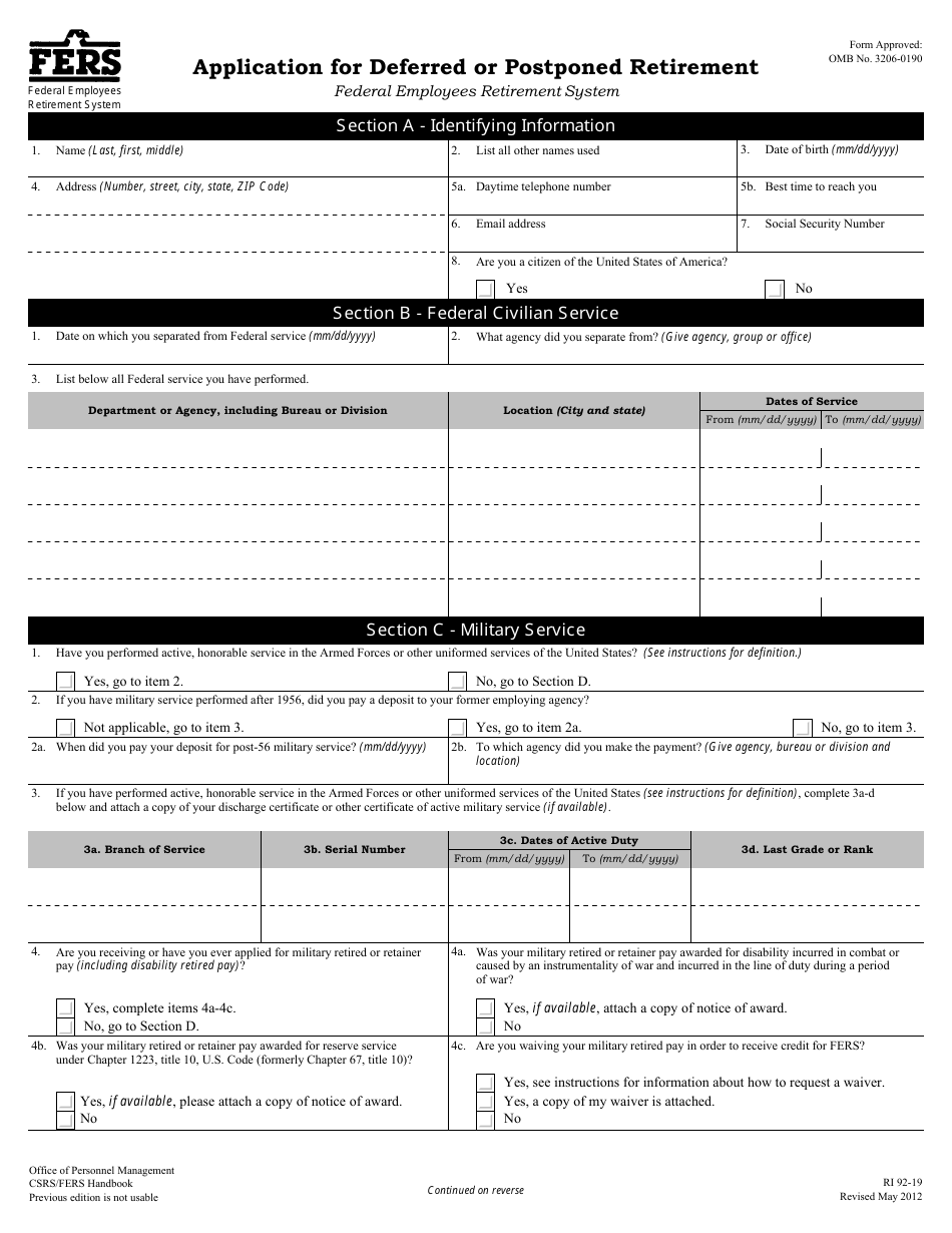 OPM Form RI92-19 Application for Deferred or Postponed Retirement, Page 6