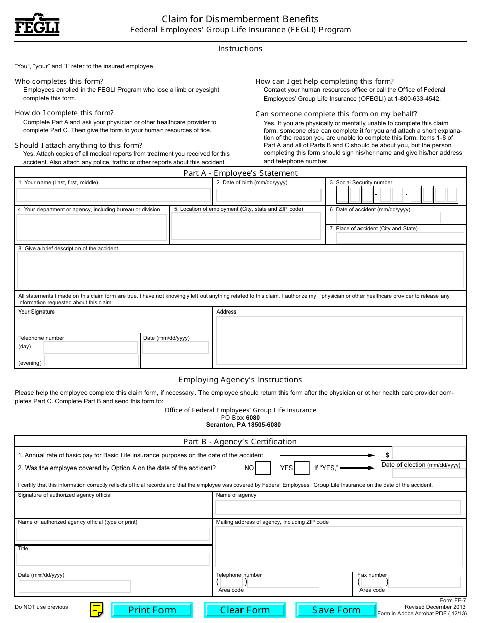 OPM Form FE-7 Claim for Dismemberment Benefits, Page 1