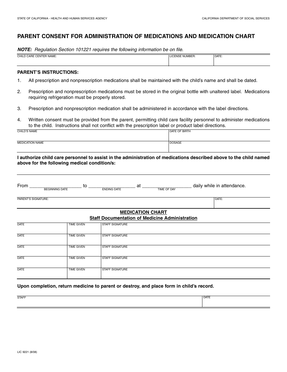 Form LIC9221 Parent Consent for Administration of Medications and Medication Chart - California, Page 1