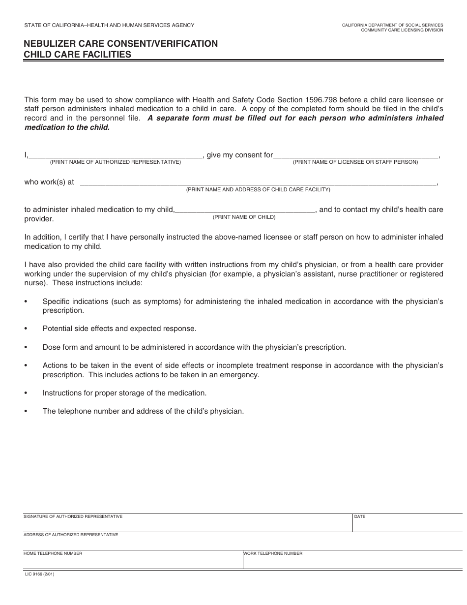 Form LIC9166 Nebulizer Care Consent / Verification Child Care Facilities - California, Page 1