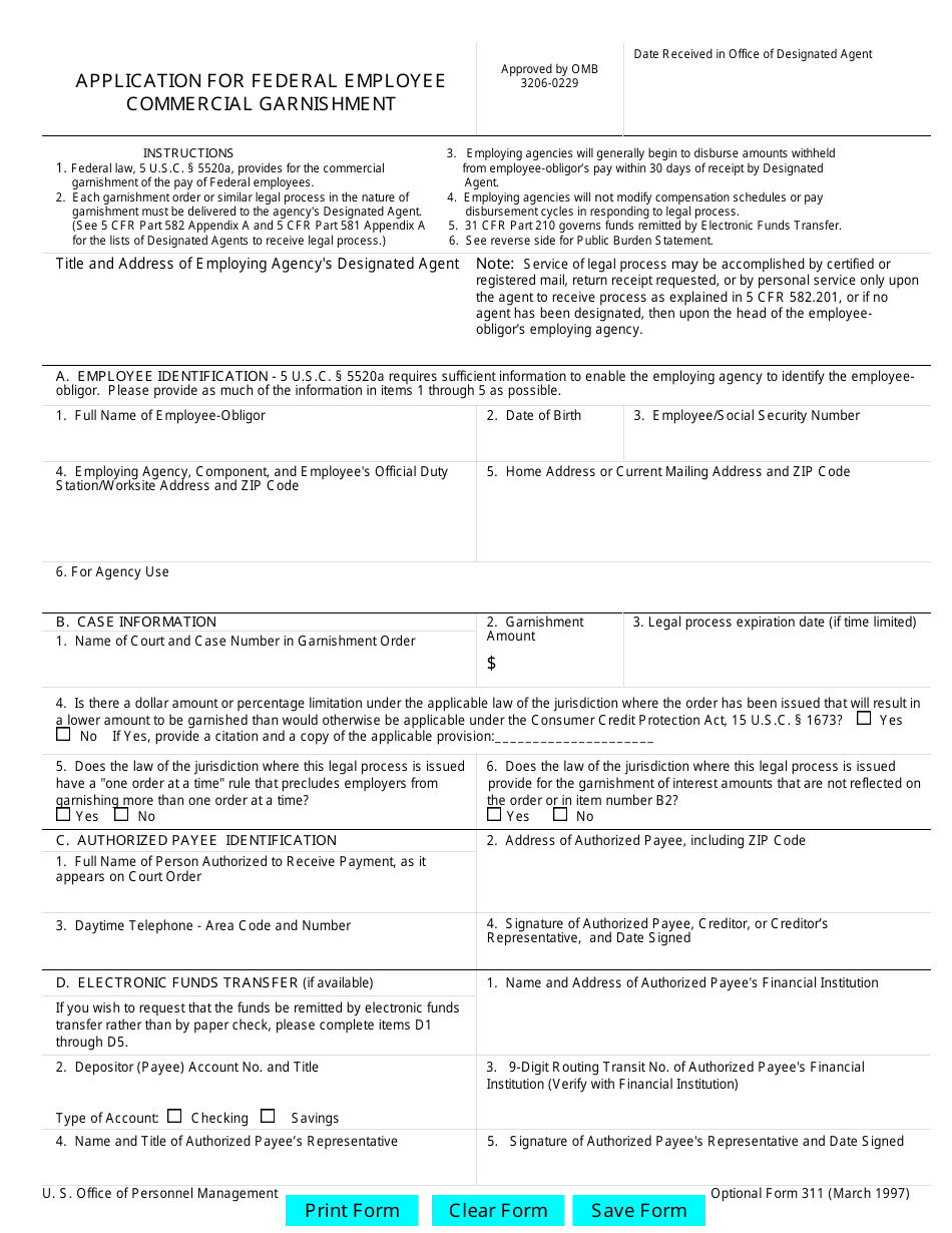 OPM Optional Form 311 Application for Federal Employee Commercial Garnishment, Page 1