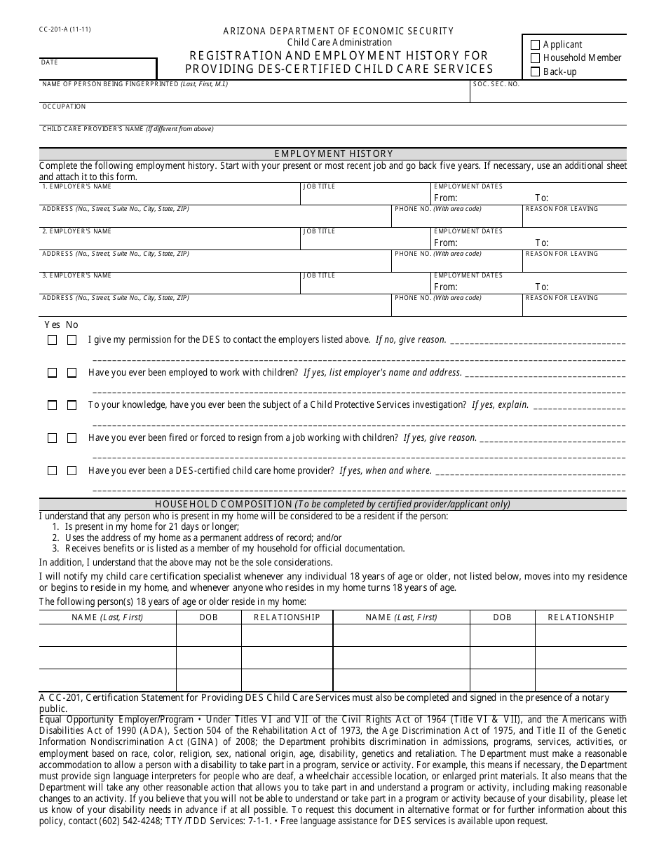 Form CC-201-A Registration  Employment History for Providing DES Certified Services - Arizona, Page 1