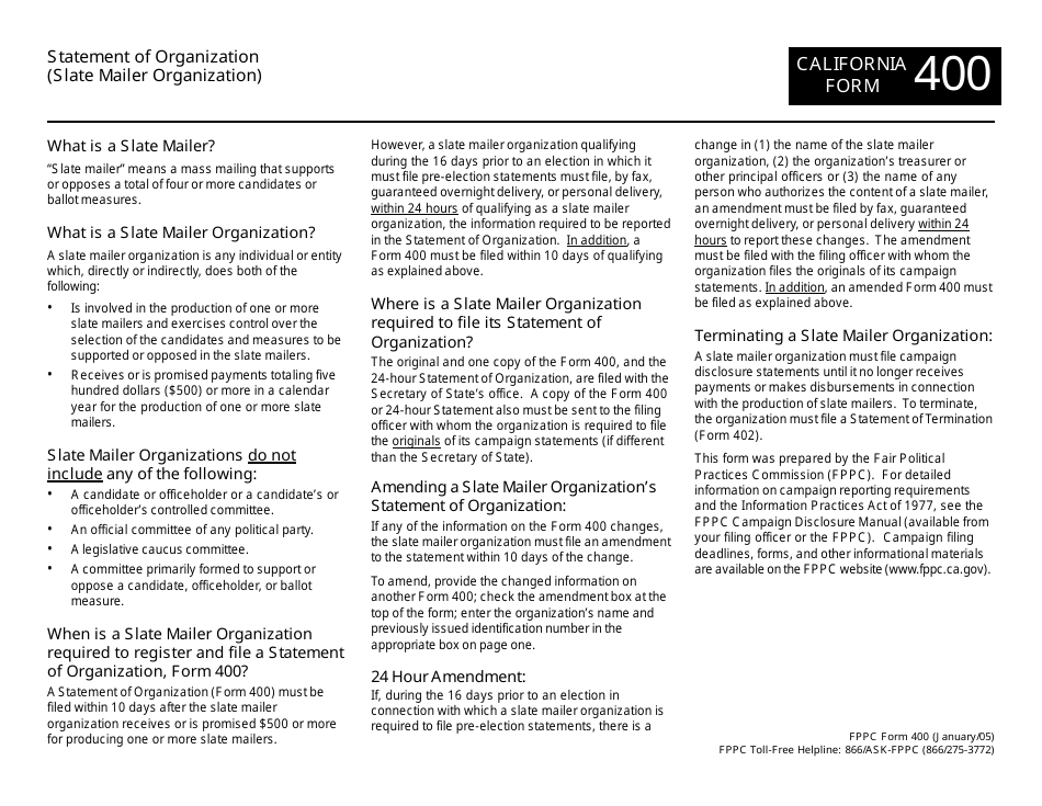 FPPC Form 400 Statement of Organization (Slate Mailer Organization) - California, Page 1