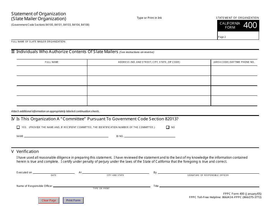 FPPC Form 400 Statement of Organization (Slate Mailer Organization) - California, Page 4