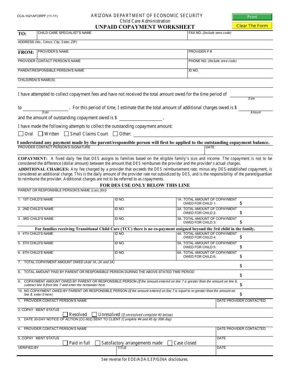 Form CCA-1021AFORPF Unpaid Co-payment Worksheet - Arizona, Page 1
