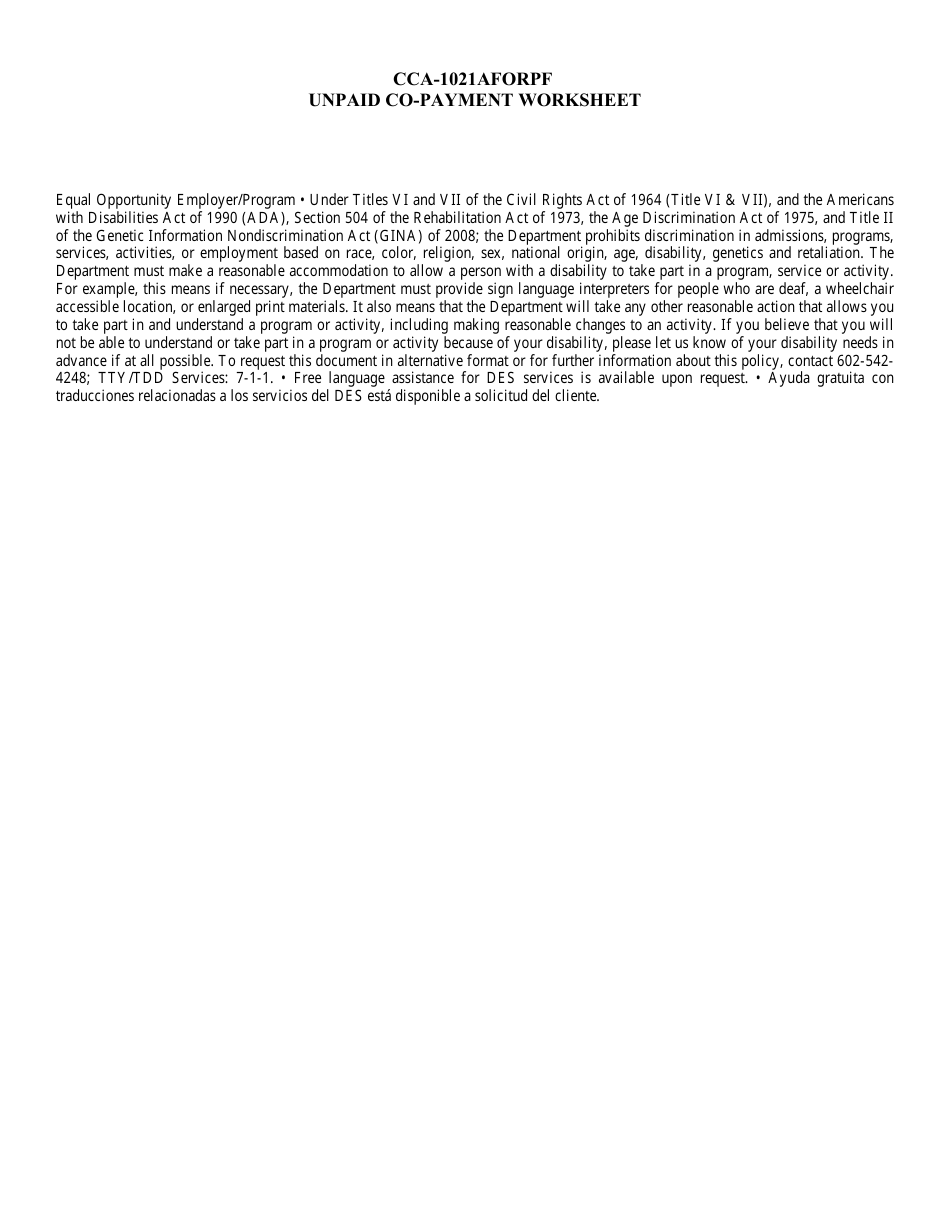 Form CCA-1021AFORPF Unpaid Co-payment Worksheet - Arizona, Page 2