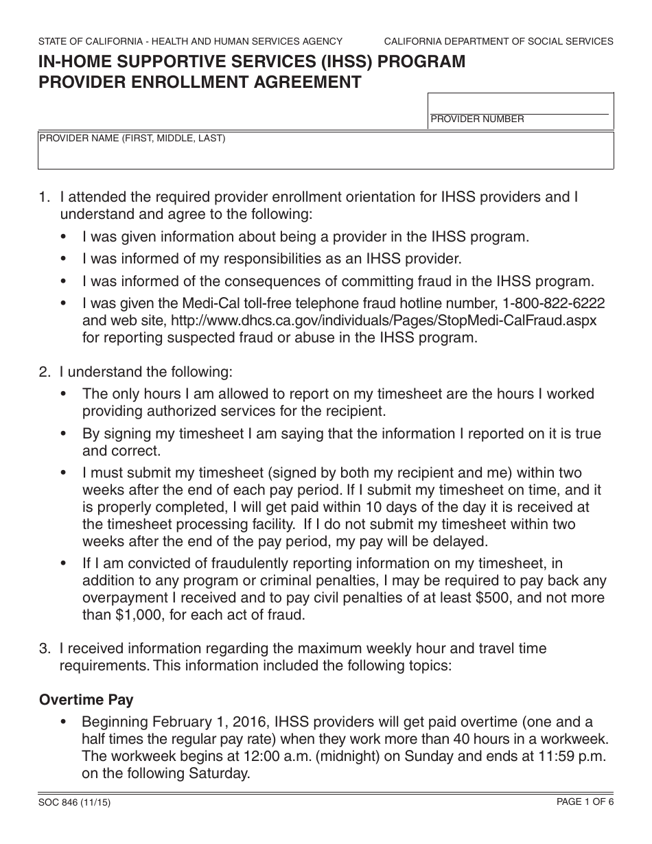 Form SOC846 In-home Supportive Services (Ihss) Program Provider Enrollment Agreement - California, Page 1