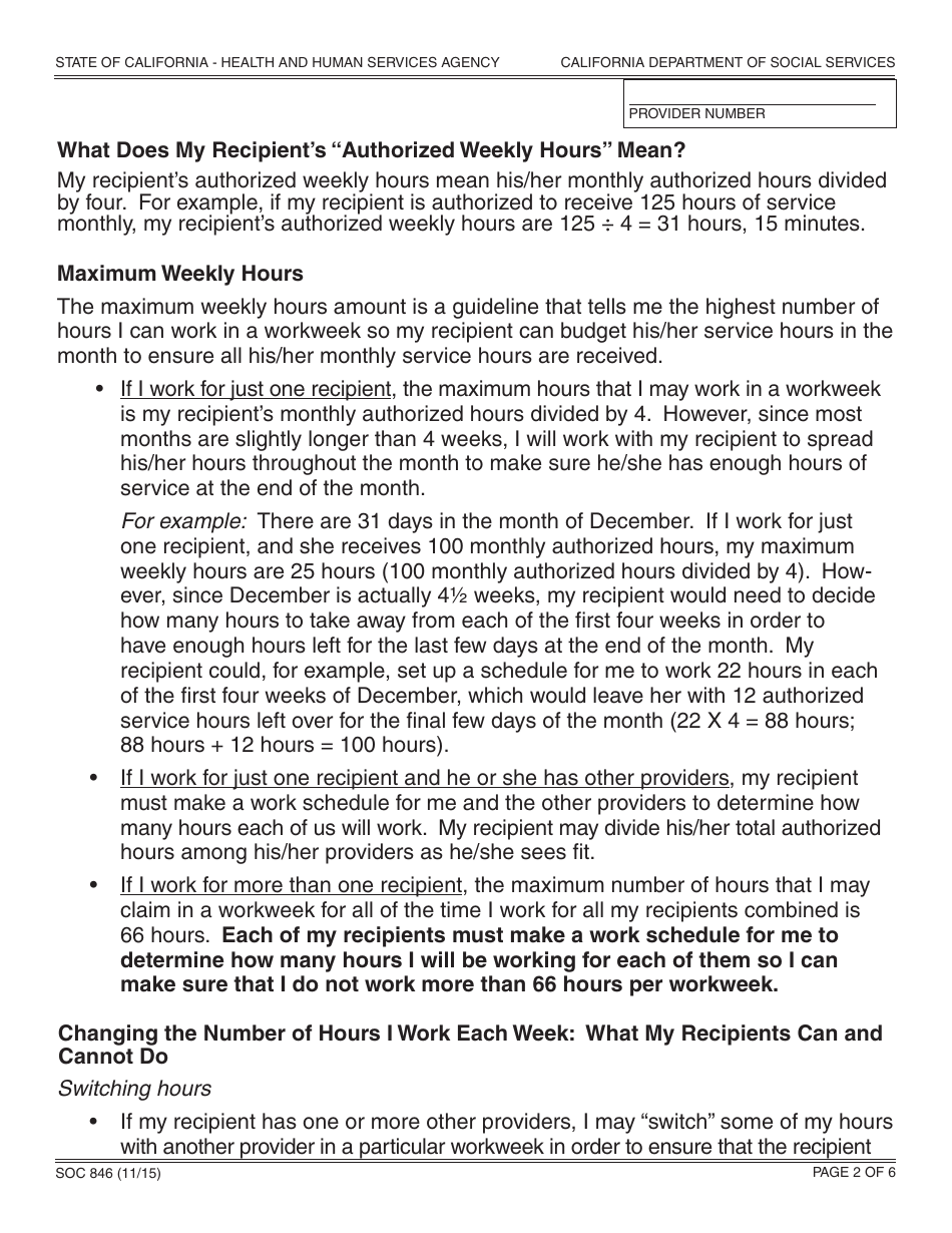 Form SOC846 In-home Supportive Services (Ihss) Program Provider Enrollment Agreement - California, Page 2