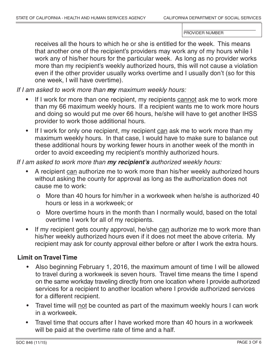 Form SOC846 In-home Supportive Services (Ihss) Program Provider Enrollment Agreement - California, Page 3