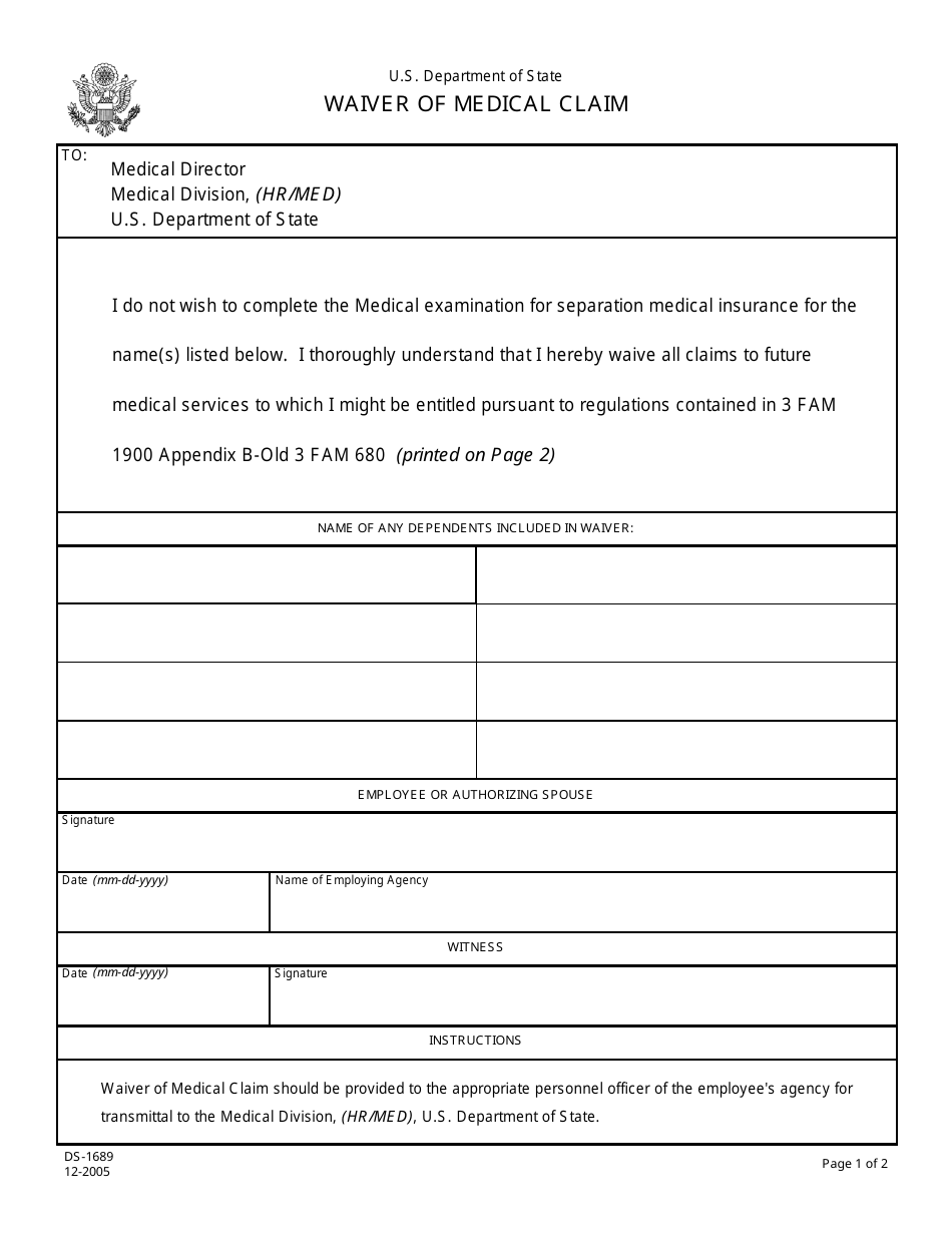 Form DS-1689 Waiver of Medical Claim, Page 1