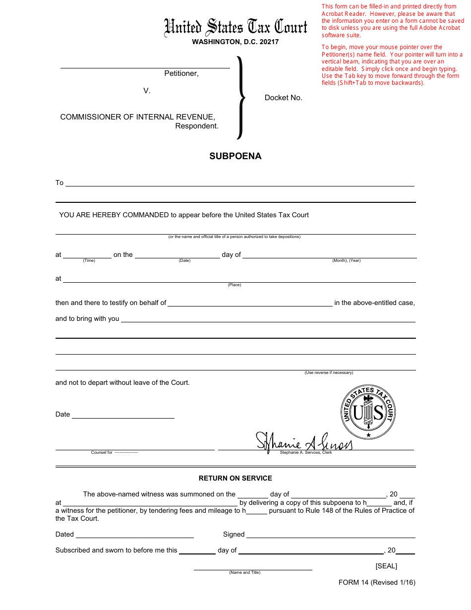 T.C. Form 14 Subpoena, Page 1