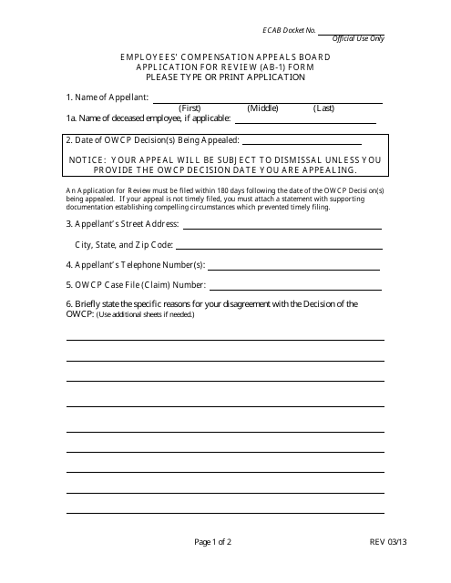 Employees' Compensation Appeals Board Application for Review (AB-1) Form Download Pdf
