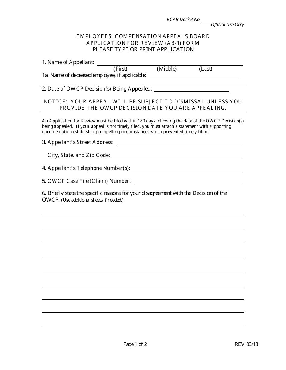 Employees Compensation Appeals Board Application for Review (AB-1) Form, Page 1