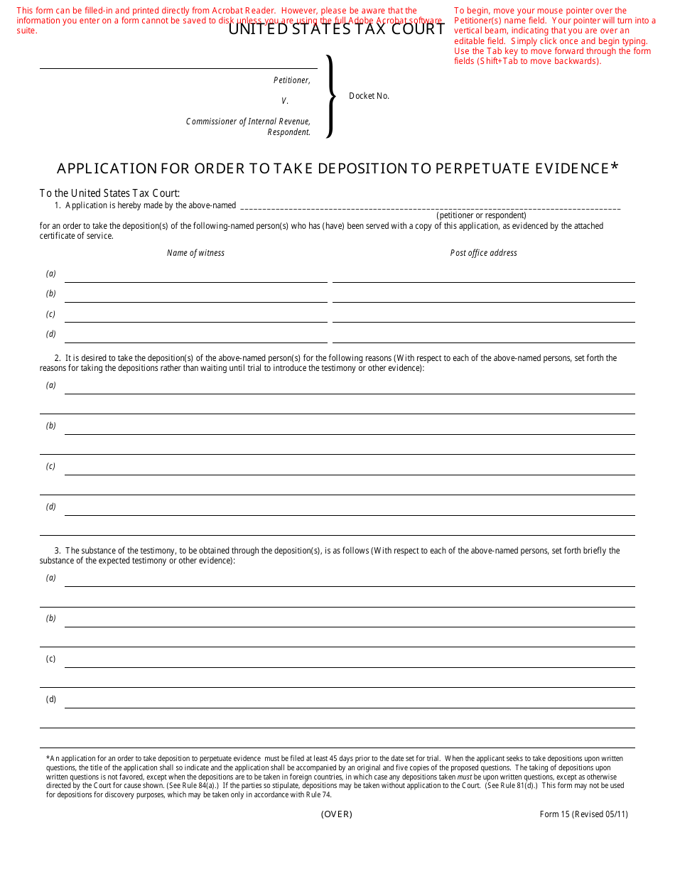 T.C. Form 15 Application for Order to Take Deposition to Perpetuate Evidence, Page 1
