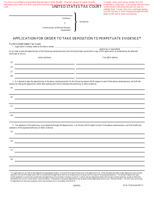 T.C. Form 15 Application for Order to Take Deposition to Perpetuate Evidence