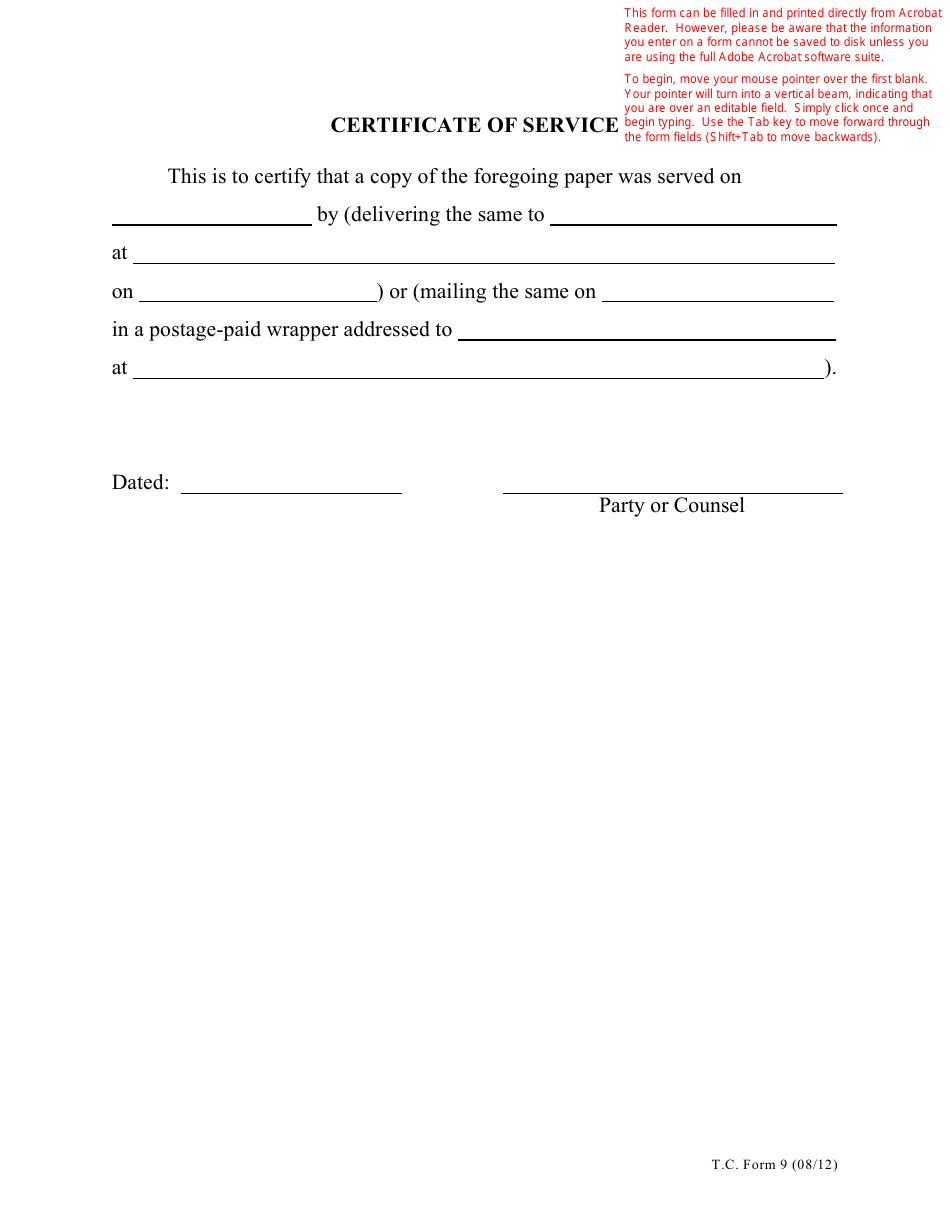 T.c. Form 9 - Fill Out, Sign Online And Download Fillable Pdf 