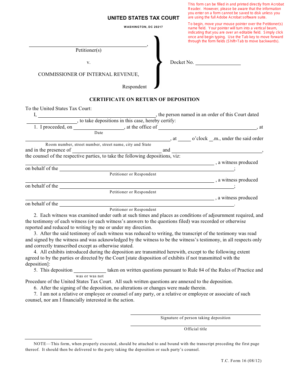 T.C. Form 16 Certificate on Return of Deposition, Page 1