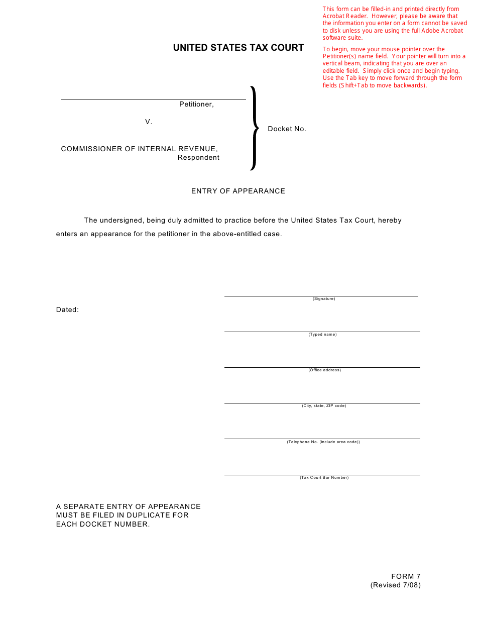 T.C. Form 7 Entry of Appearance, Page 1