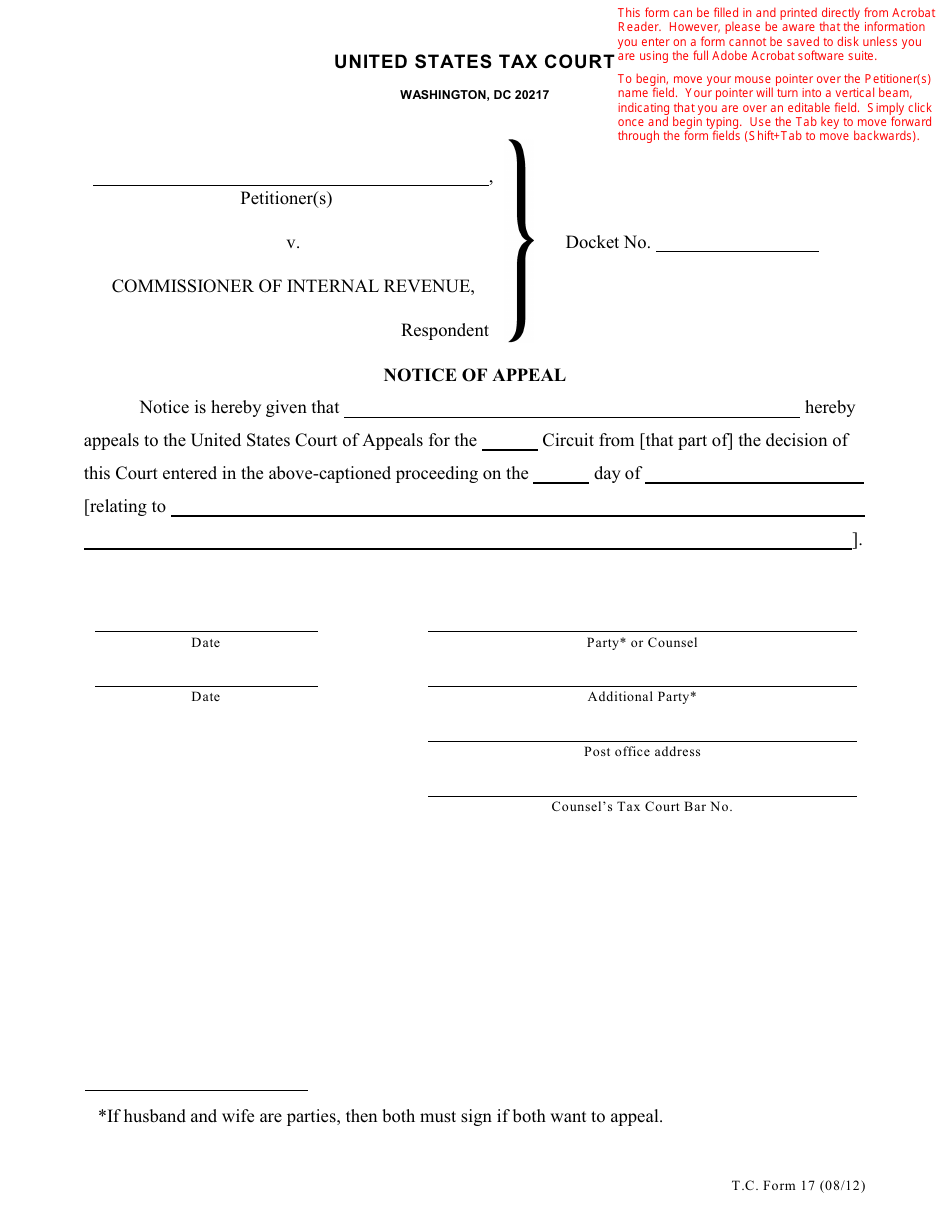 T.C. Form 17 Notice of Appeal, Page 1